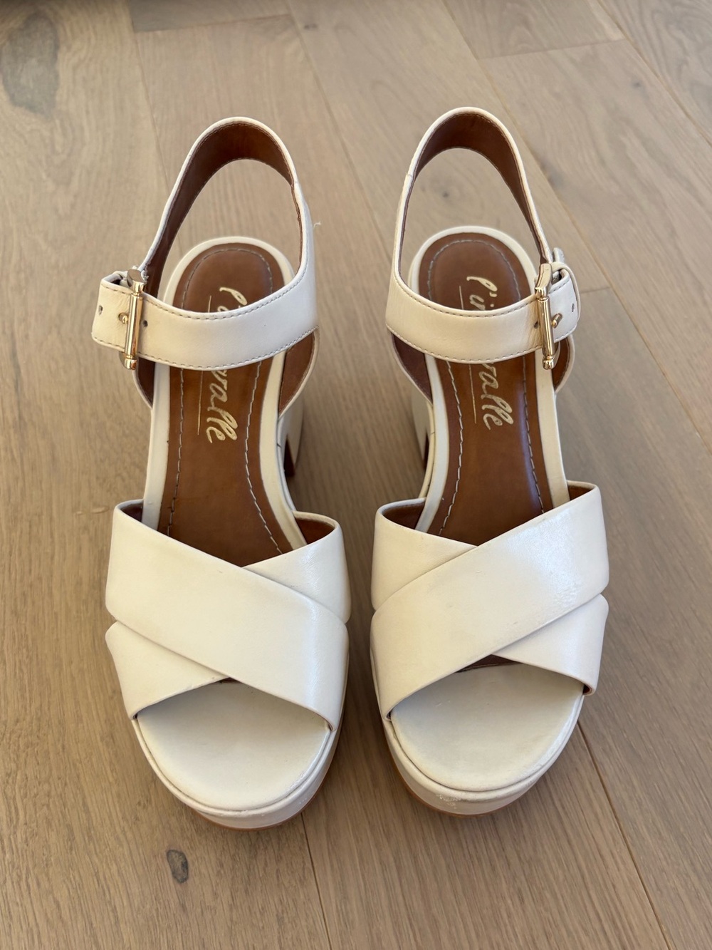L'INTERVALLE Cream Cross-Strap Platform Wedges with Ankle Buckle